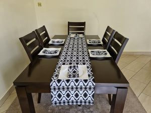 African Print Table Runner & Napkins Set: Black, White