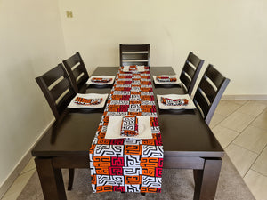 African Print Table Runner & Napkins Set: Orange, Red, White, Black