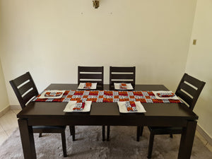 African Print Table Runner & Napkins Set: Orange, Red, White, Black