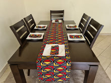 Load image into Gallery viewer, African Print Table Runner &amp; Napkins Set: Black, Red, Yellow, White
