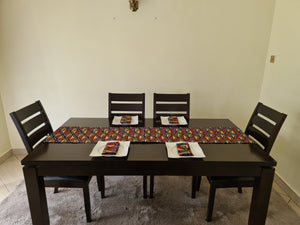 African Print Table Runner & Napkins Set: Black, Red, Yellow, White