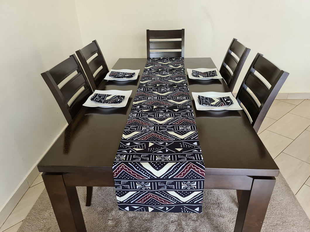 African Print Table Runner & Napkins Set: Black, White, Cream, Brown