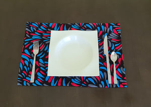African Placemats Set of Two/Pair: Ankara Blue, Red, Black and Gray