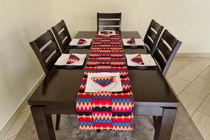 African Print Table Runner & Napkins Set: Green, Red, Black, Black, Orange, Blue, White