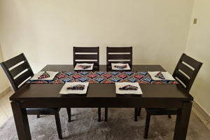 African Print Table Runner & Napkins Set: Black, White, Red, Blue, Brown