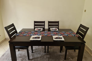 African Print Table Runner & Napkins Set: Black, White, Red, Blue, Brown